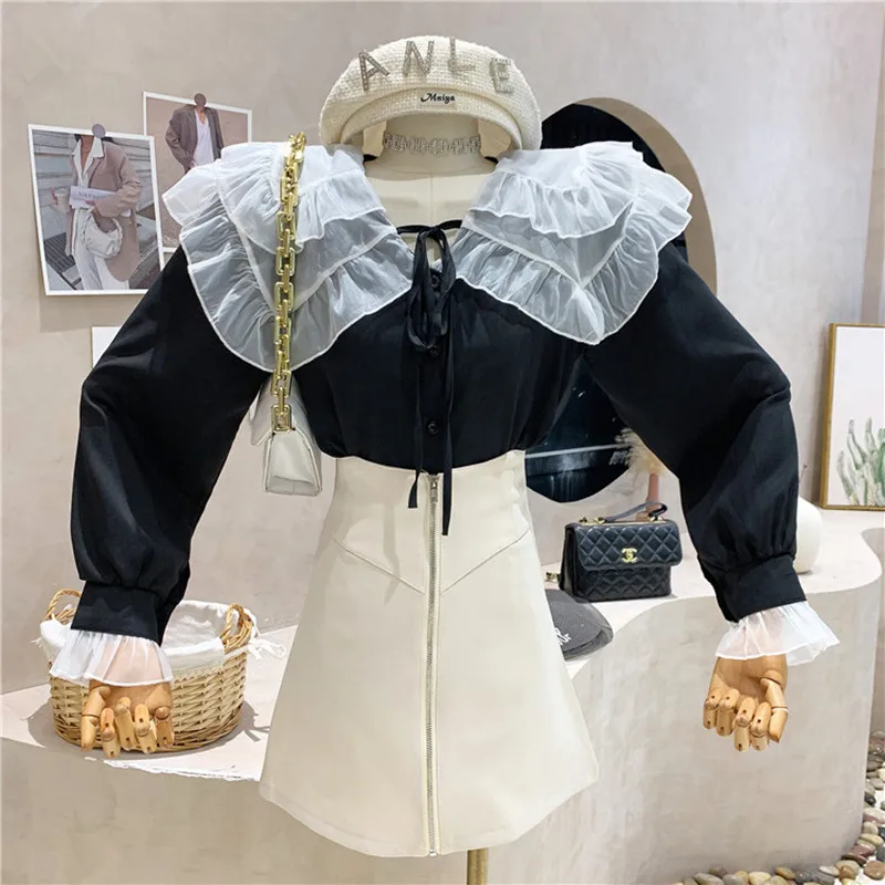 

Niche Design New Women's Clothing 2022 Spring Versatile Doll Collar Shirt Gentle Wind Stitching Mesh Lace Lapel Sweet Shirt Top