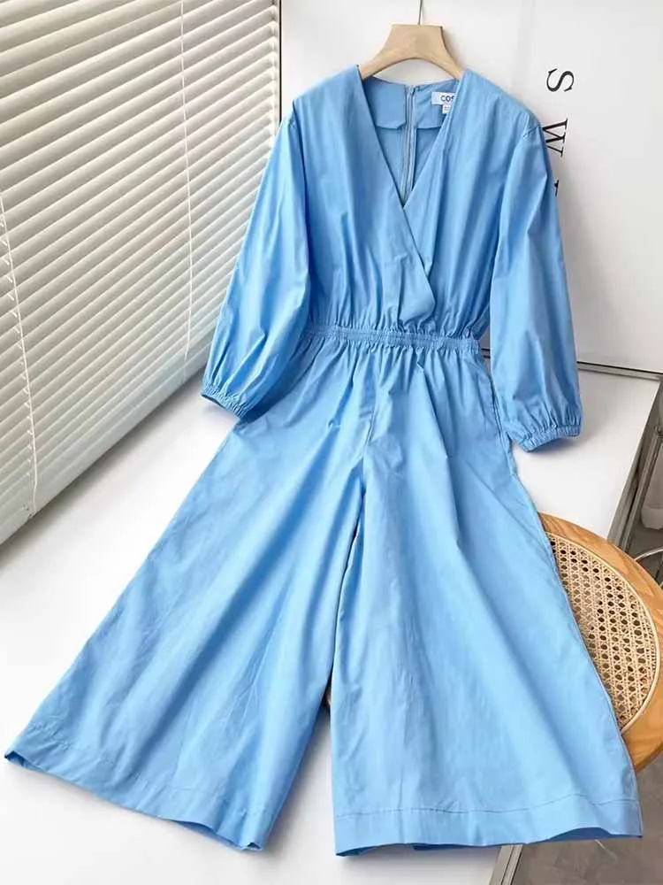 

Женский комбинезон с поясом на резинке, винтажный комбинезон с V-образным вырезом, длинными рукавами и боковыми карманами, 2023, 3234/363