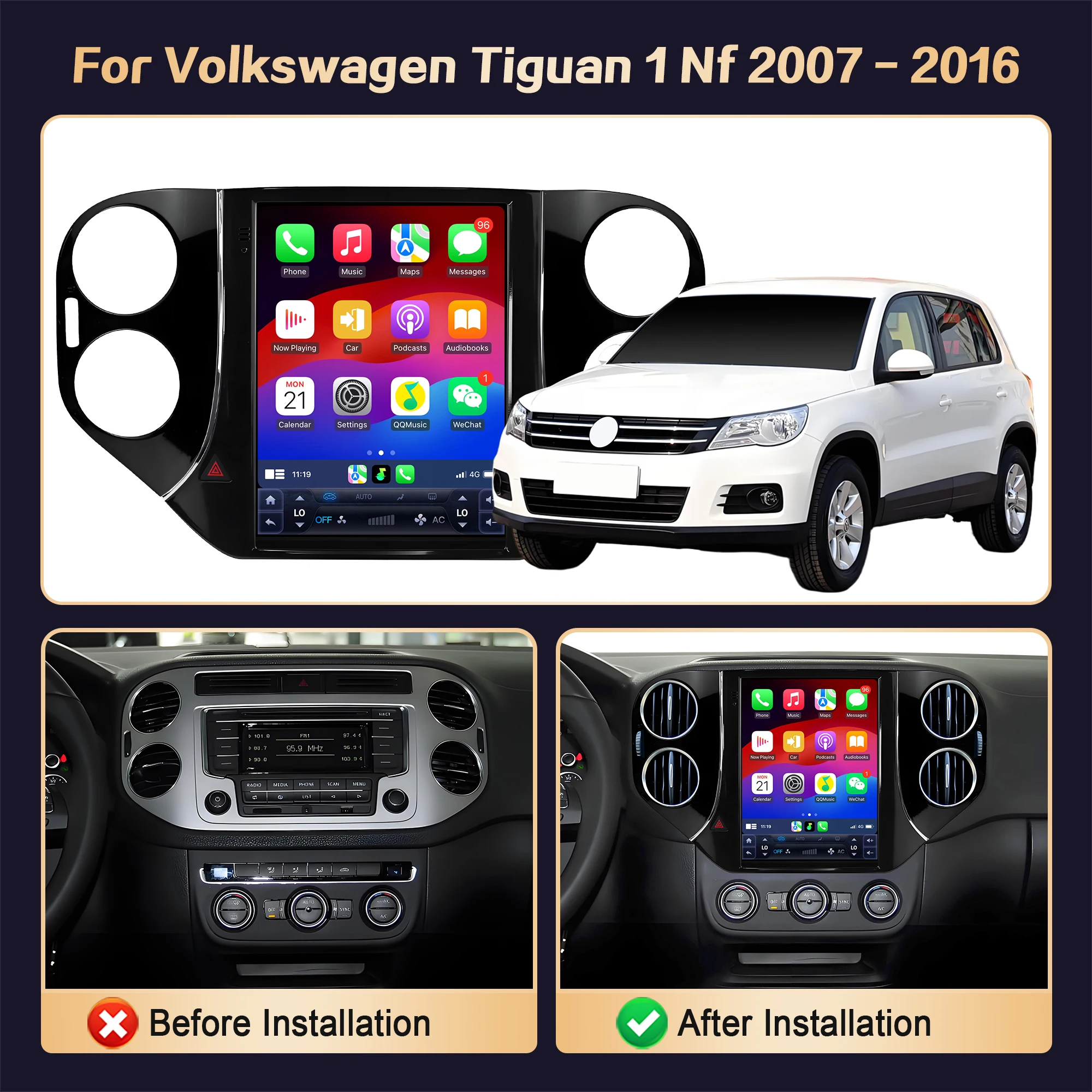 Фото 9,7-дюймовый для Volkswagen Tiguan 1 Nf 2007 2008 2009 2010-2016 Автомобильный радиоприемник с навигацией GPS BT Мультимедийный стерео сенсорный QLED экран №2