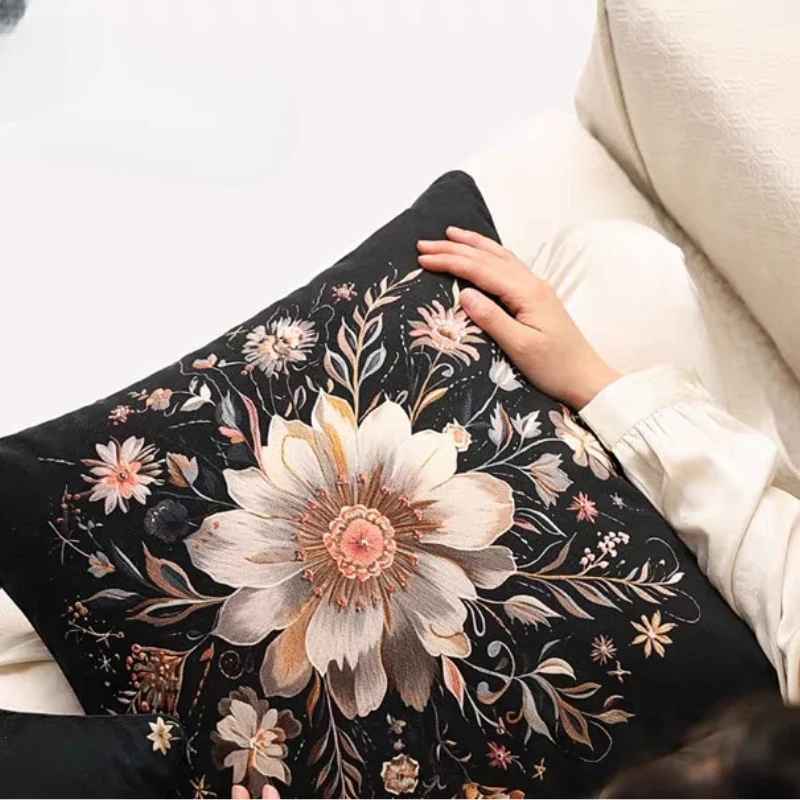 Черные бархатные подушки роскошный чехол для с цветочным принтом ретро цветы 35x55