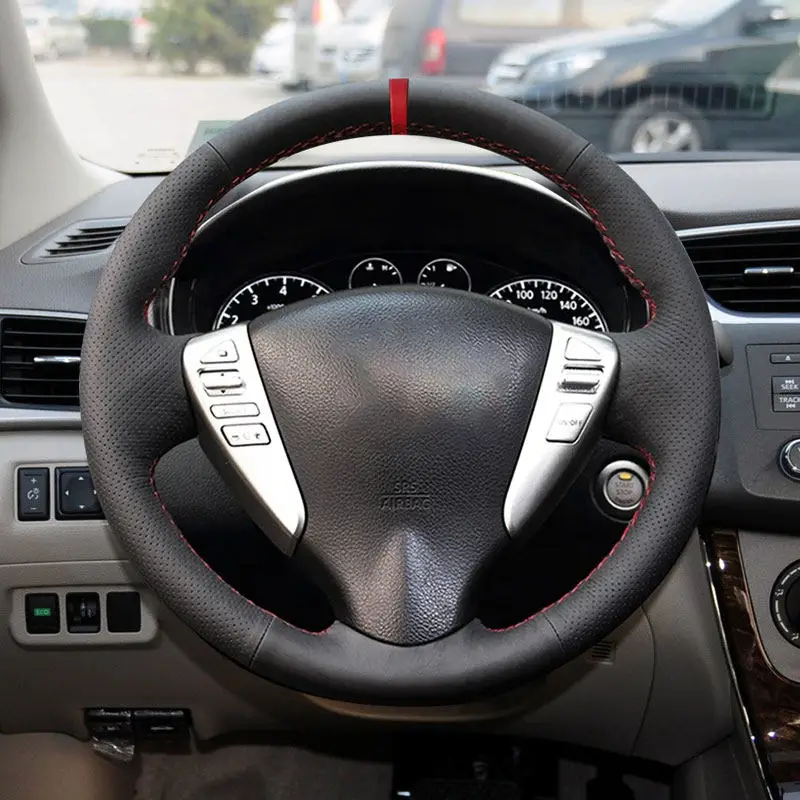 

Кожаный чехол на руль автомобиля для Nissan Versa Note Livina 2013-2015 Tiida Sylphy 2011-2015 Sunny Sentra 2014 2015, красная полоса