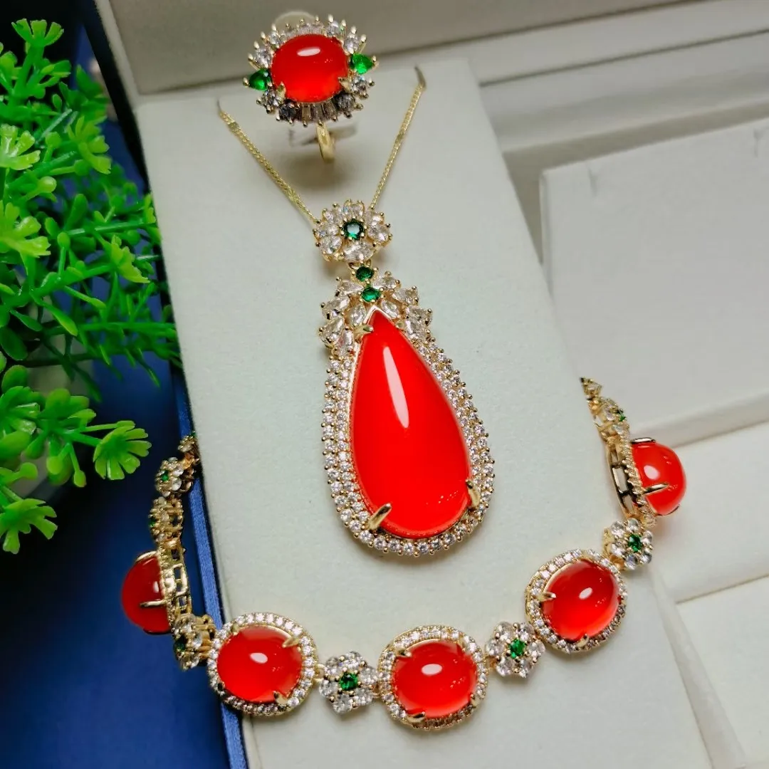 

Natural Red Jade Water Drop Pendant Necklace With Zircon Emerald Carnelian Flowers Bracelet And Rings Women Jades Jewellery Sets