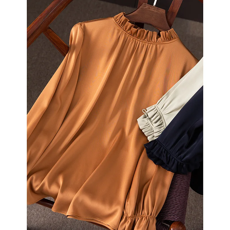 

Silk Top Women's Mulberry Silk Stand Collar Design Shirt Long-sleeved Blouse T-shirt Spring And Autumn 2022 New