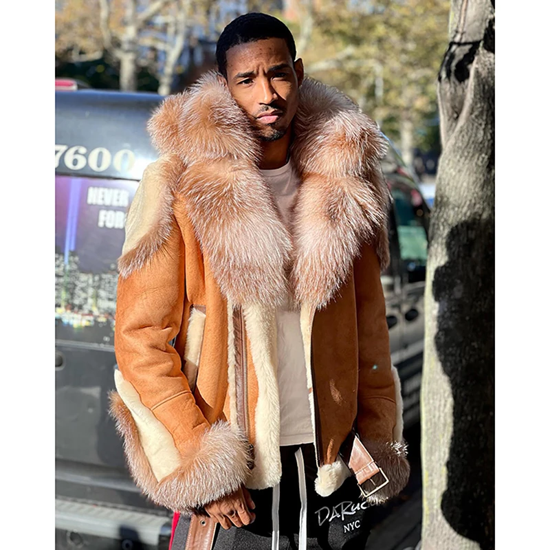 Natural Fox Fur Collar Patchwork Real Sheepskin Motorcycle Jacket Men's High Street Thick Tops Winter Genuine Fox Fur Coat Male