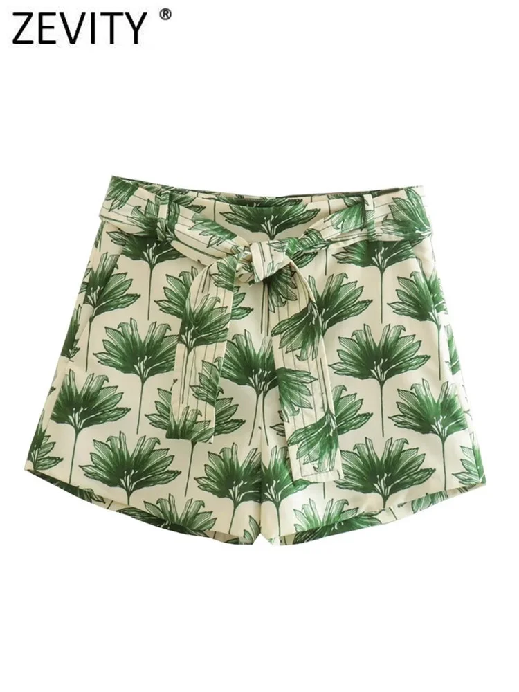 

ZEVITY Women Fashion Green Leaves Print Bow Belt Bermuda Shorts Lady Zipper Fly Casual Hot Shorts Chic Pantalone Cortos P2017