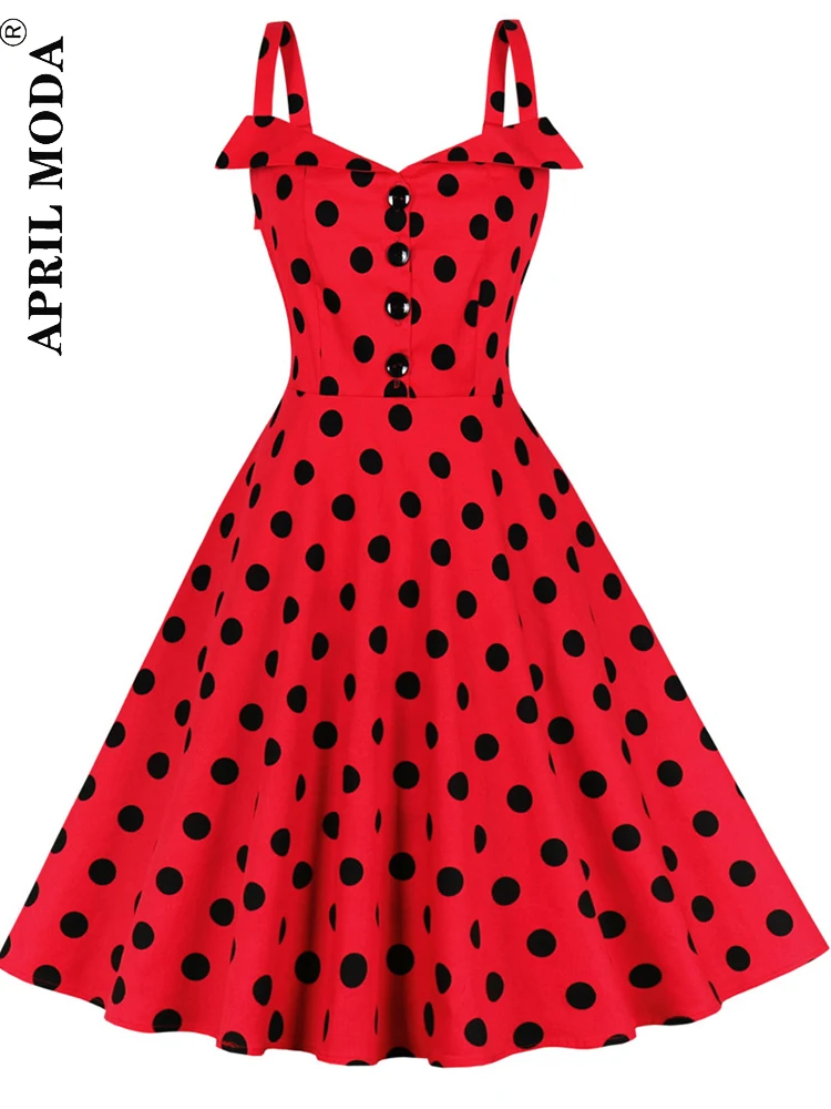 

Polka Dot Red Spaghetti Straps Sexy Retro Summer Dress Sleeveless Cotton A Line Swing Sundress 50s Vintage Pinup Evening Dresses