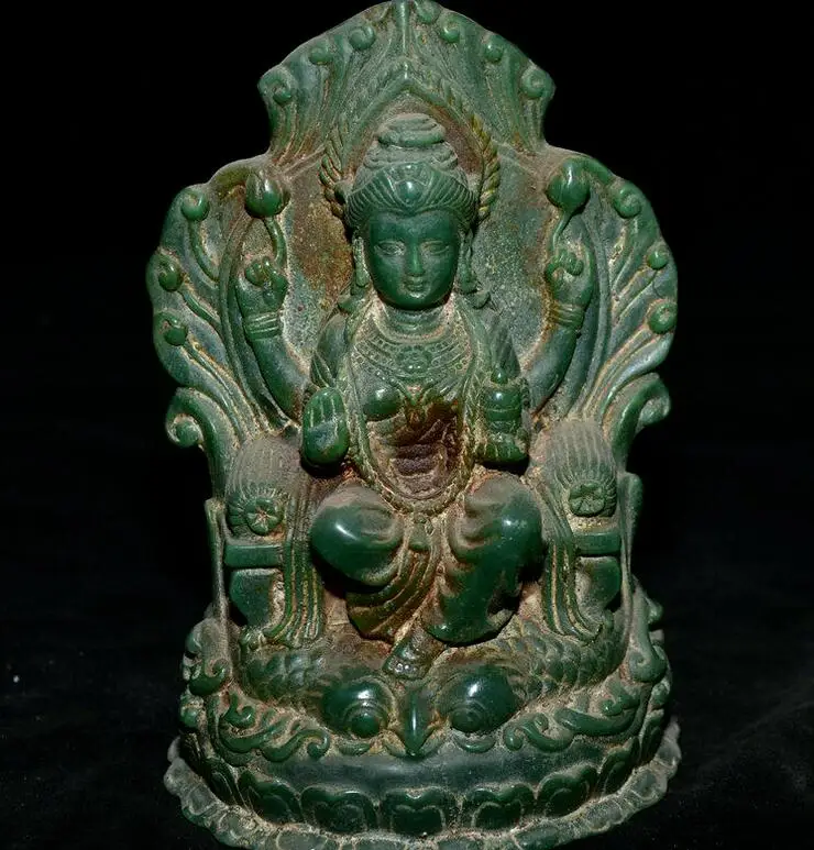 

5,8 "старая китайская зеленая Нефритовая резная статуя богини Гуань Инь