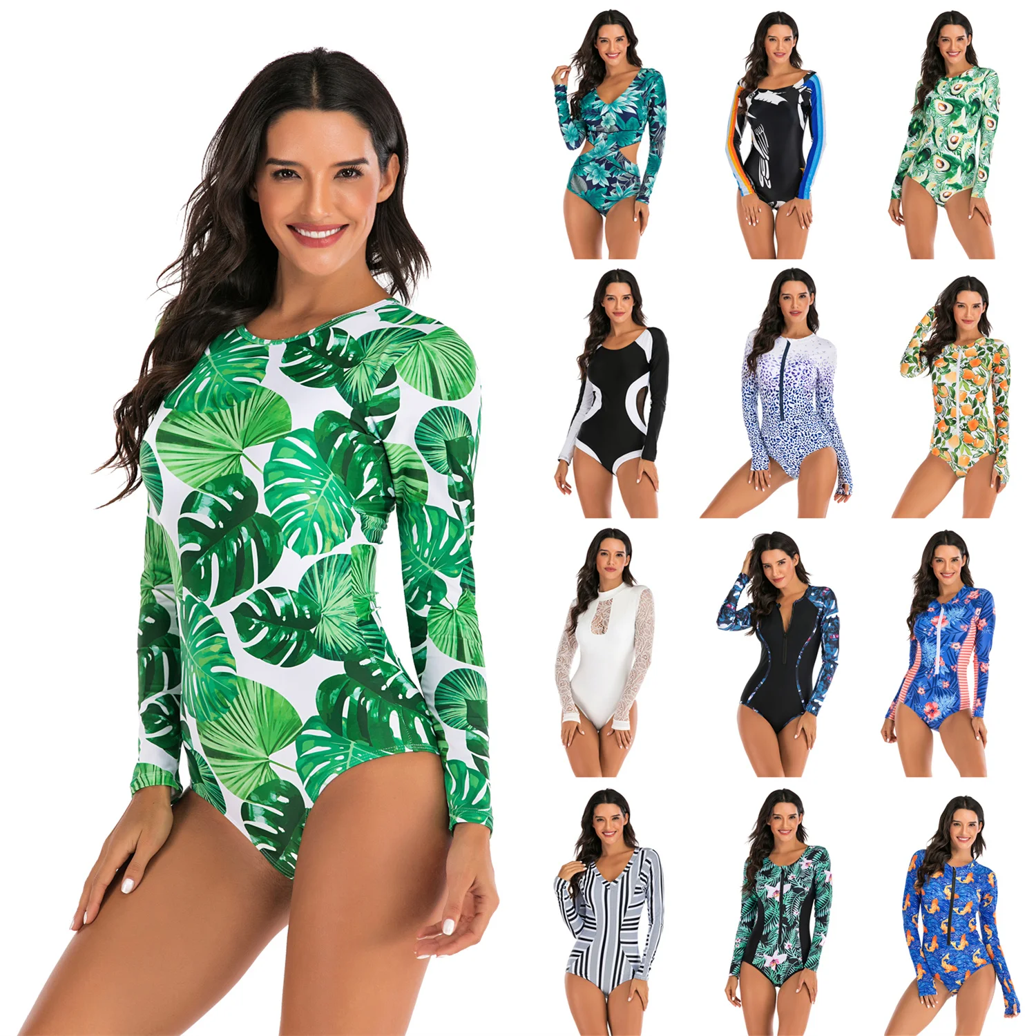 

Long Sleeve Swimwear Women Print Zipper Rashguard One Piece Swimsuit 2022 Surfing Dive Bodysuit Beachwear Spa Batingsuit