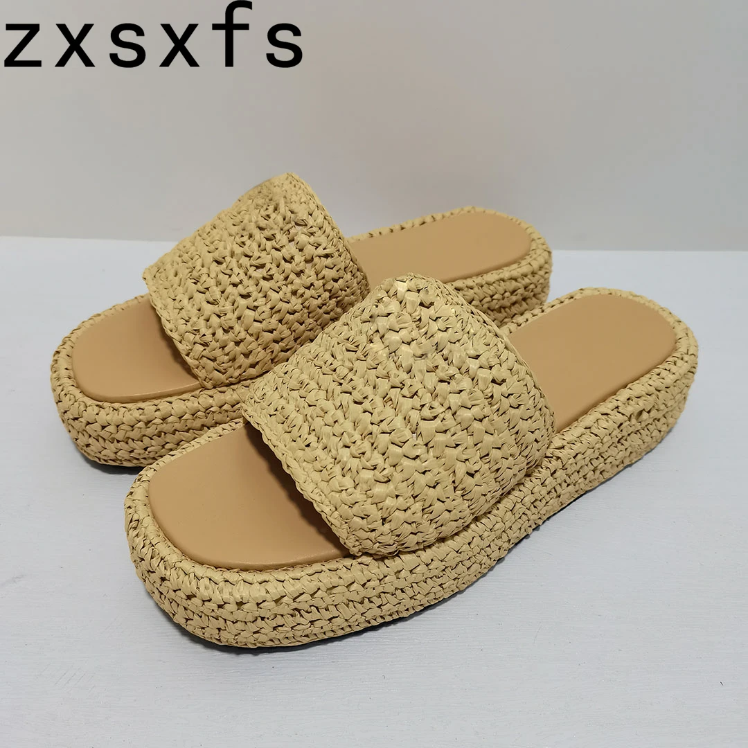 

Сандалии женские на толстой подошве, Эротичные шлепанцы с открытым носком, искусственная кожа, без застежки, мюли, модная верхняя одежда, цвета хаки, плетеные Тапочки