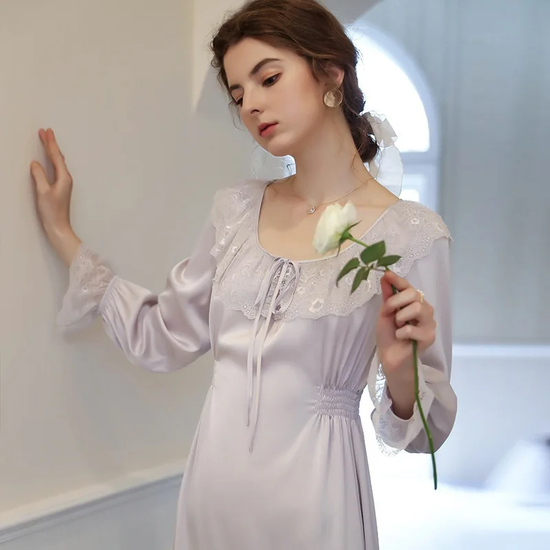 

Women's Purple Satin Lace Nightgown Spring Long Sleeve Night Dress Homewear Round Neck Nightdress