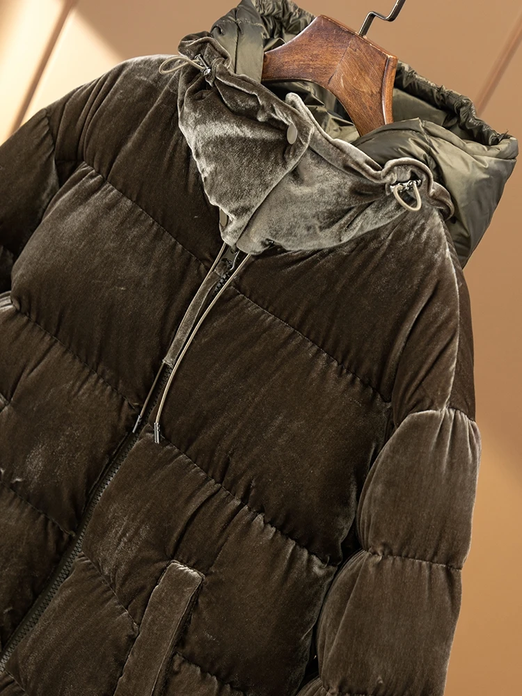 High Quality Velvet  Women Jacket  90%  White Duck Down  Casual  Winter  Zipper  Wide-waisted  Pockets  Puffer Jacket Women
