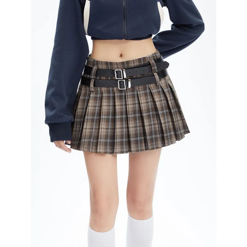 

Sweet Cool Spicy Girls College Style Pleated Skirt Women's Summer Double Belt JK Plaid Skirt Korean Versatile Mini Short Skirt