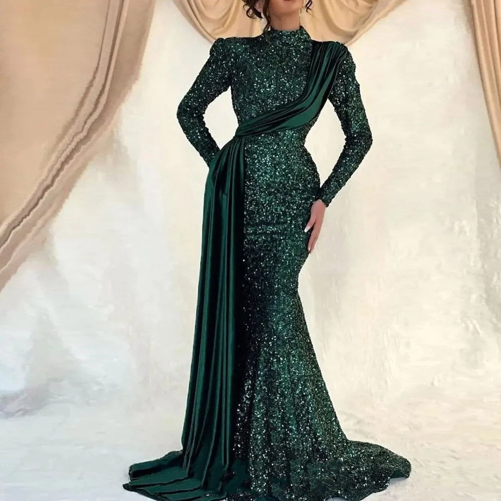 

Modest Hunter Green Evening Dresses 2023 High Neck Long Sleeves Muslim Formal Women Prom Gowns Ruffle Robe De Soiree Festa