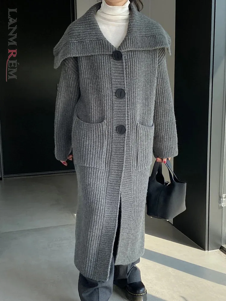 

LANMREM Зимний вязаный длинный свитер, пальто для женщин с отворотами и карманами, однобортная однотонная одежда, модная новинка 2023, 2AA3888