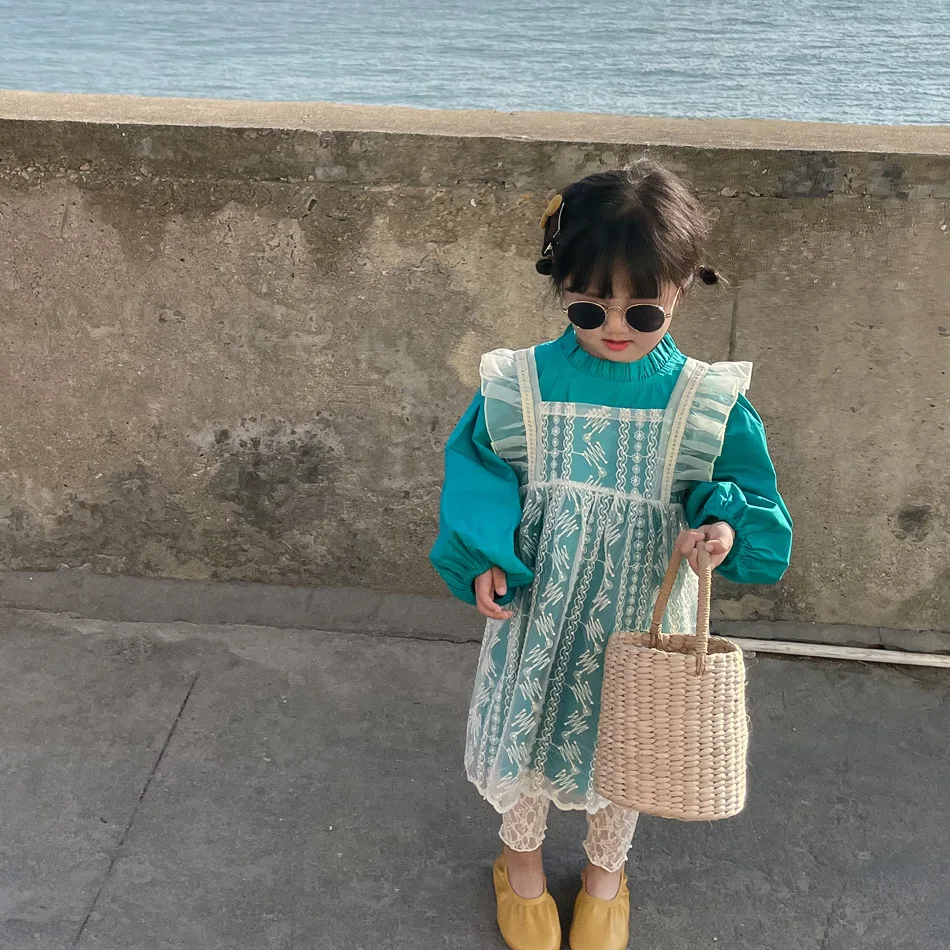 

Little Girls Spring Korean Dress Girl Baby Hollow Lace Skirt Two-piece Children's Clothing Princess Dress Sweet 2-4-6 Years