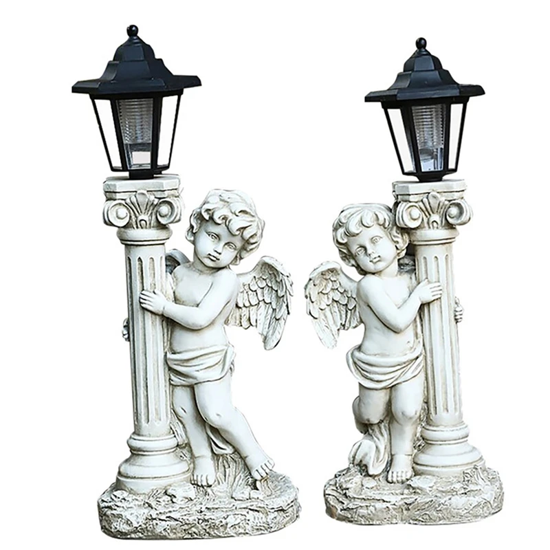 

Roman Pillar Angel Statue Retro Courtyard Patio Lamps Resin Sculptures Ornaments Solar Light Outdoor Decor Light