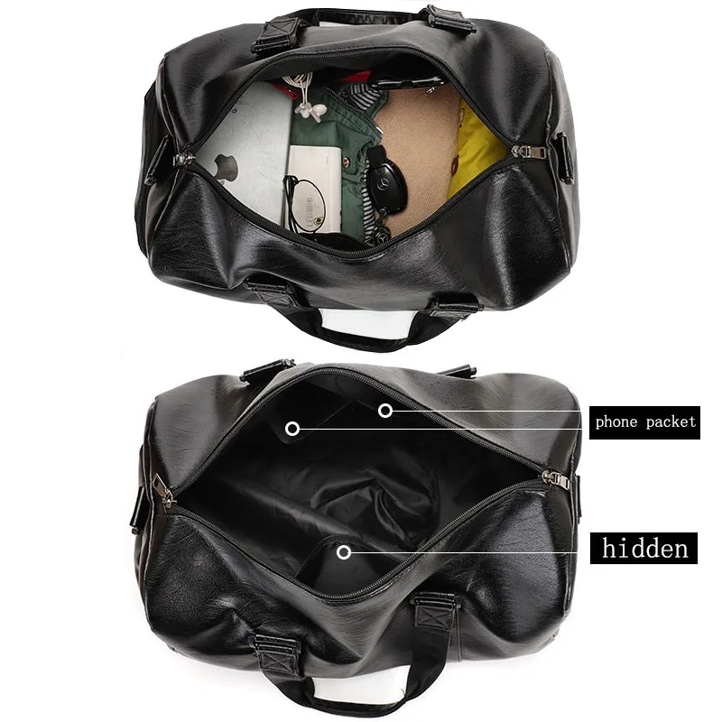 Unisex Leather Luggage Bag With Shoes Travel Clothes Storage Bags Zipper Sport Weekend Bag Training Fitness Duffle Bag Shoulder