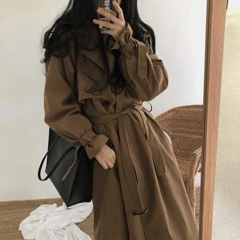 

Chic Women's Vintage Brown Casual Women Long Lapel Double Breasted Sashes Loose Ladies Trench Coats