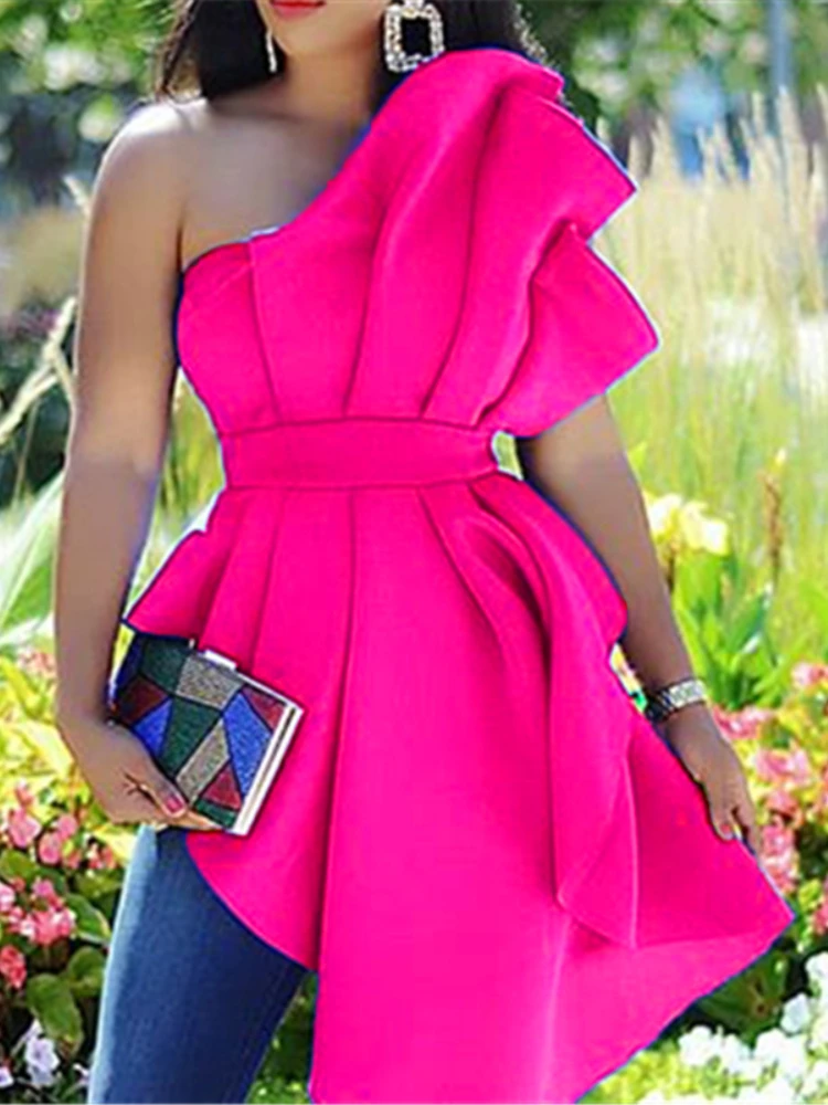 

Rose Red Blouse Sexy Bodycon Ruffles Irregular Summer Tops for Ladies Evening Cocktail Birthday Party Tops Shirts Slim Blouses