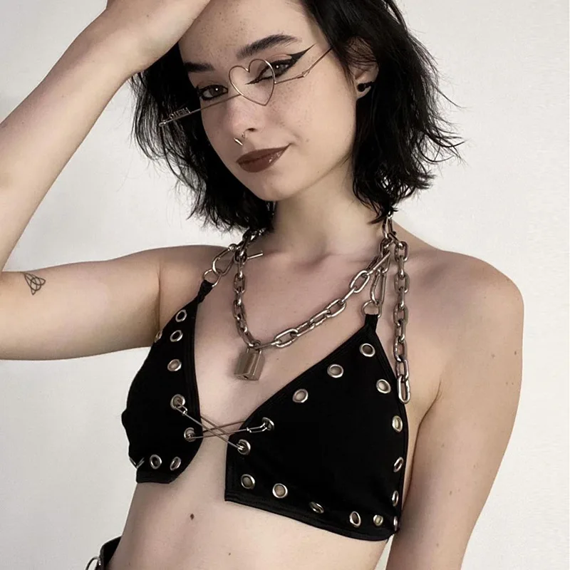 

Streetwear Metal Chain Halter Top Female Cropped Eyelet Fashion Sexy Tank Tops Backless Party Vest Summer Punk Gothic
