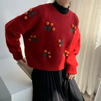 christmas 3d plush ball cute cherry sweater womens pullover casual loose knitted jumpers short harajuku female sweater kawaii