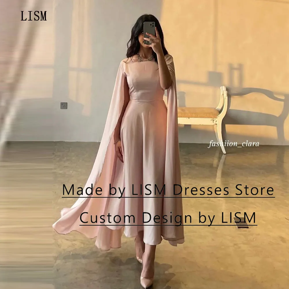 

LISM Light Pink Square Neck A-line Sheath Formal Party Gowns Cape Sleeves Ankel Length Simple Saudi Arabic Women Robe De Soiree
