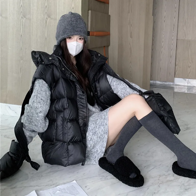 Women Down Vest Coat Black Hooded Cotton Coat Women's New Thickened Plush Waistcoat Coat In 2022 Winter