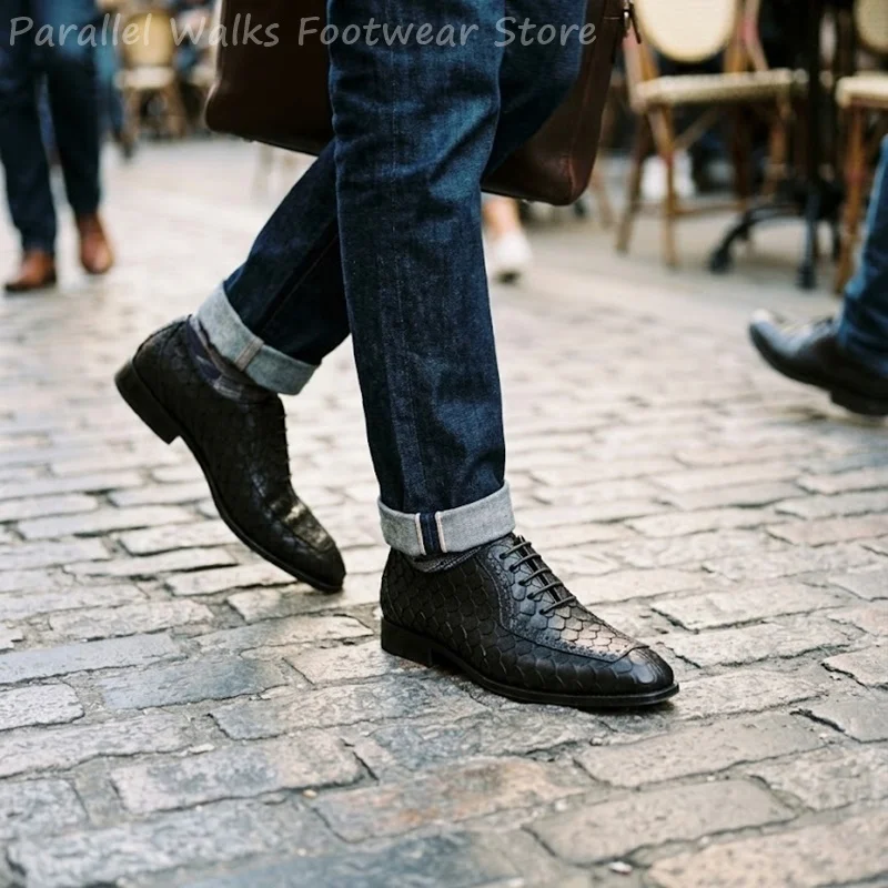 Фото Мужские оксфорды Sartorial из кожи с тиснением под рыбью чешую, броги с острым носком, на шнуровке, для делового стиля, свадебные туфли, оксфорды №1