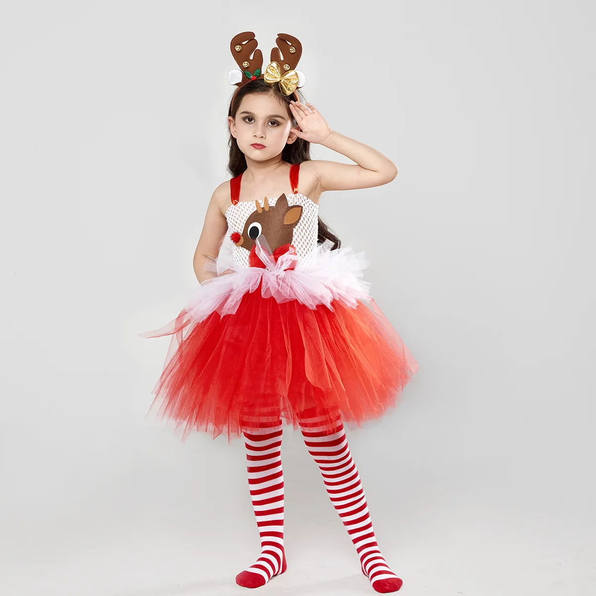 

2023 Christmas Party Dress Reindeer Cartoon Mesh Ball Gown Princess Children Kids Dress + Heandband Stocking Grils Cosplay