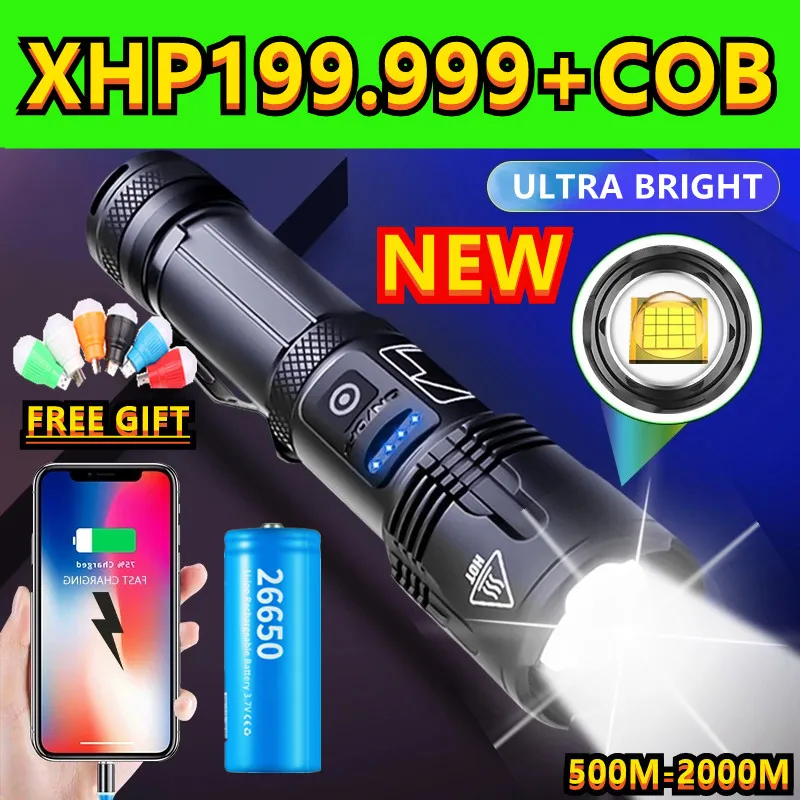 

Самый мощный светодиодный фонарик XHP199 100 Вт, Перезаряжаемый Usb фонарик XHP160, светодиодные фонарики высокой мощности, уличный охотничий фонарь