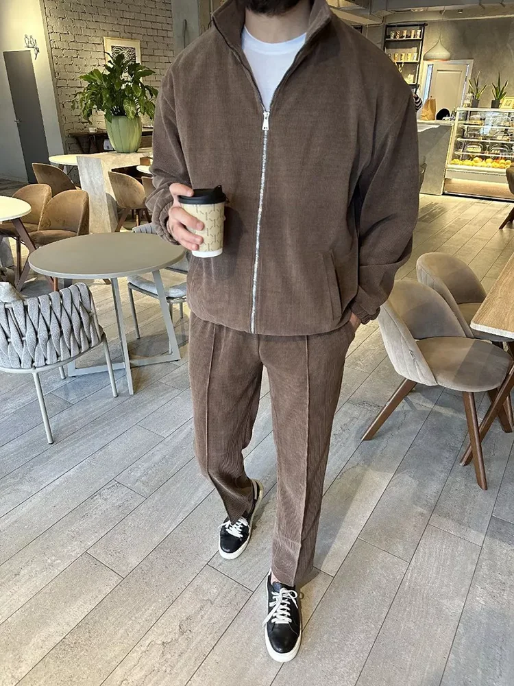 Streetwear Kurtka Dresy Mężczyźni Moda Slim Kurtki i spodnie z długim rękawem Dwuczęściowe zestawy dla mężczyzn Jesienne stroje codzienne