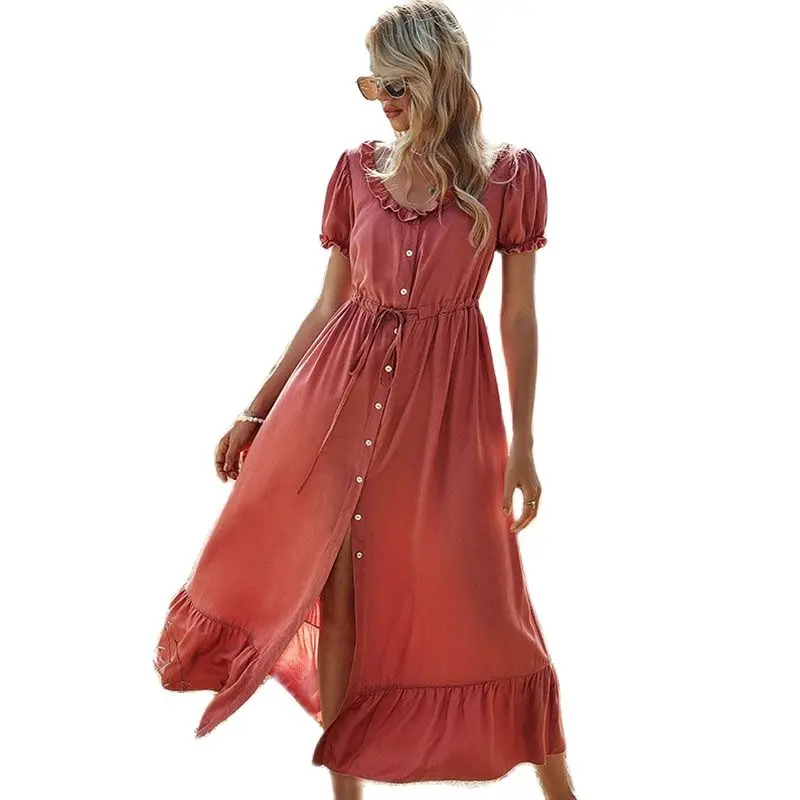 

Elegant Dresses For Women 2022 New Casual Summer Puff Sleeve Long Female Dress Solid Color Ruffles Button High Waist Lacing Robe