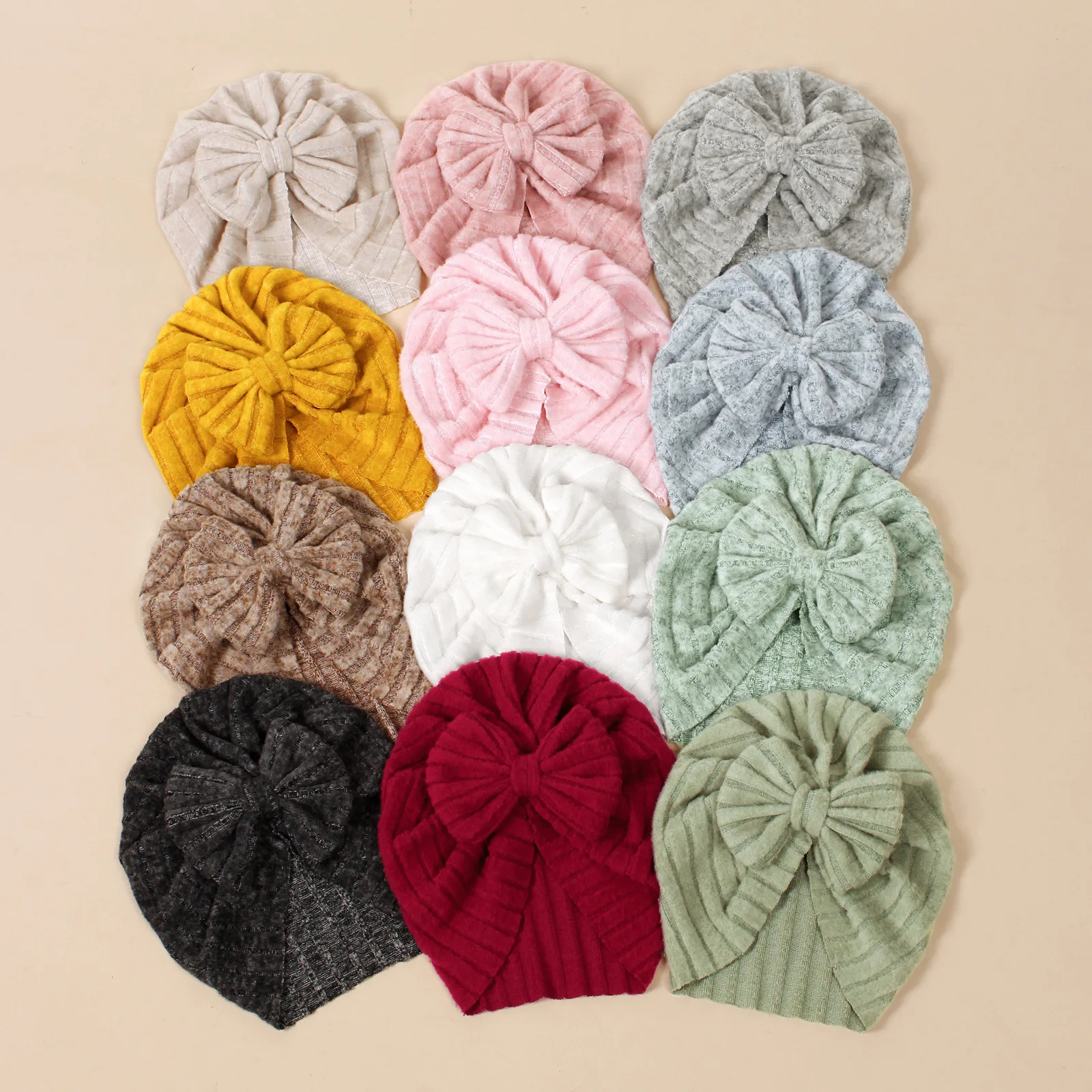 

Baby Girls Bows Turban Striped Hat Elastic Ear Warmer Headwraps Newborn Solid Color Winter Beanies Cap Hair Accessories