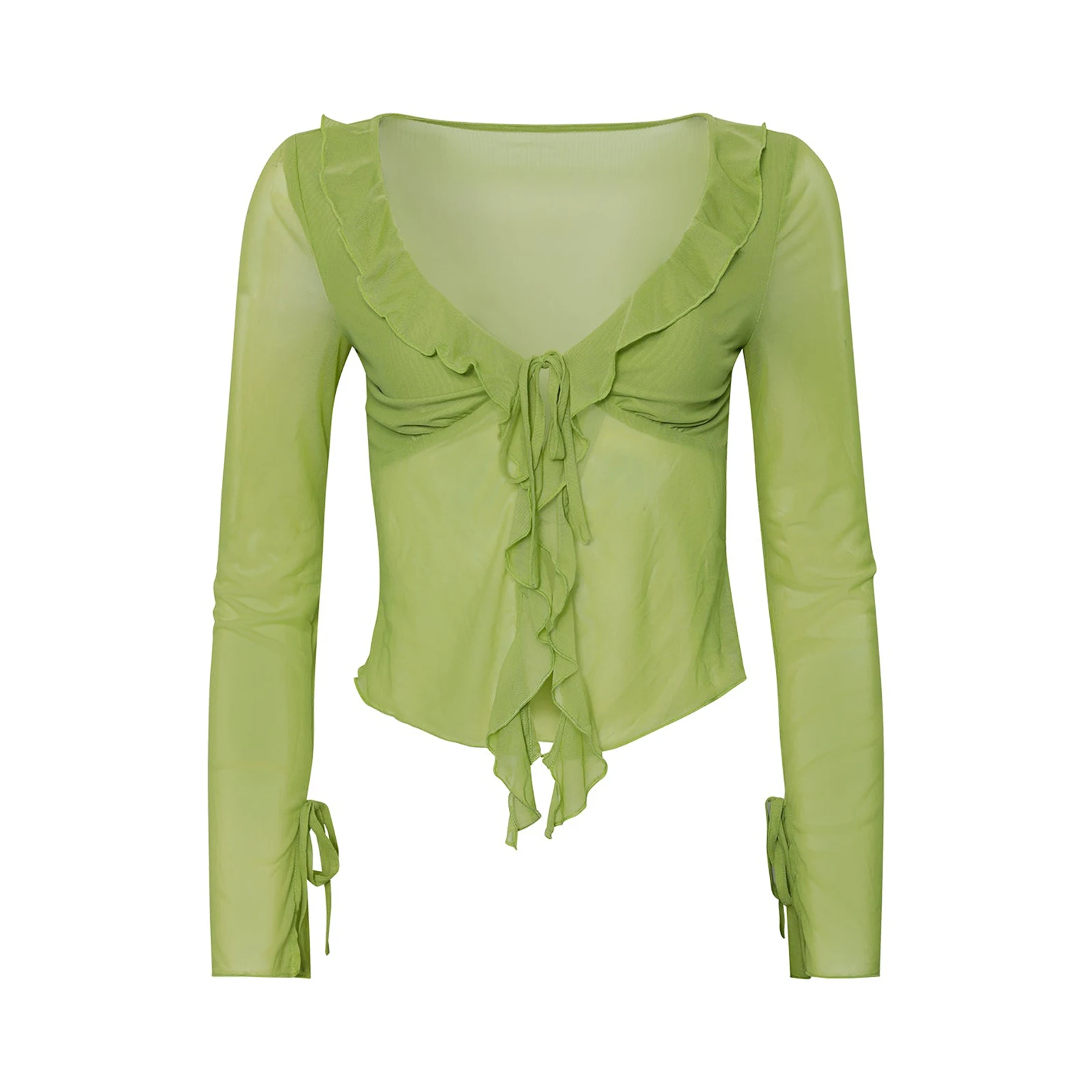 

Женские топы, осенняя прозрачная рубашка с длинным рукавом и рюшами, Клубная одежда для бара