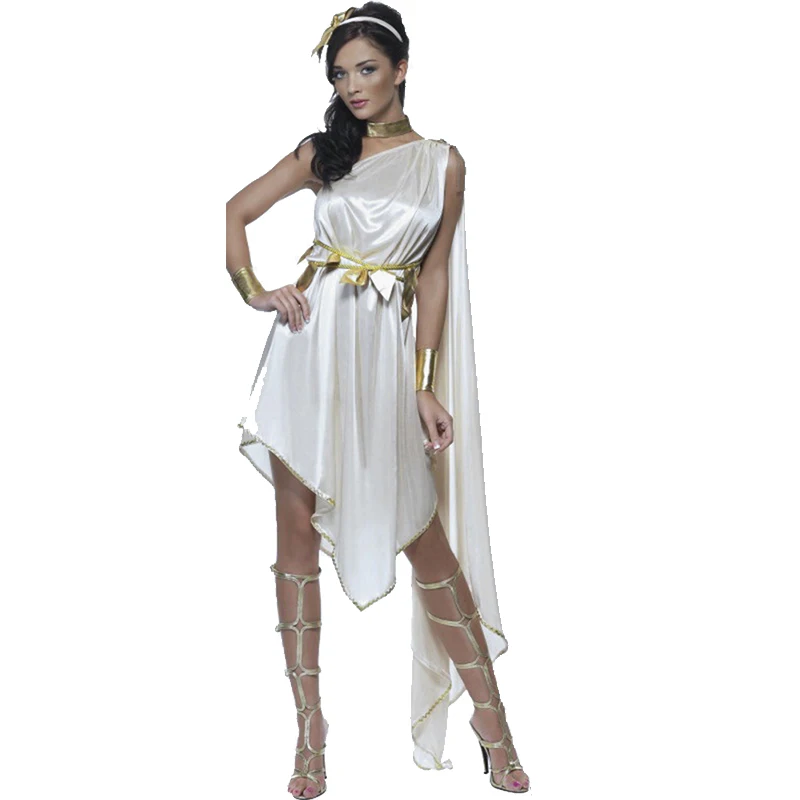 

Lady Carnival Halloween Ancient Greek Goddess Athena Costume Asymmetrical Egyptian Robe Cosplay Fancy Party Dress