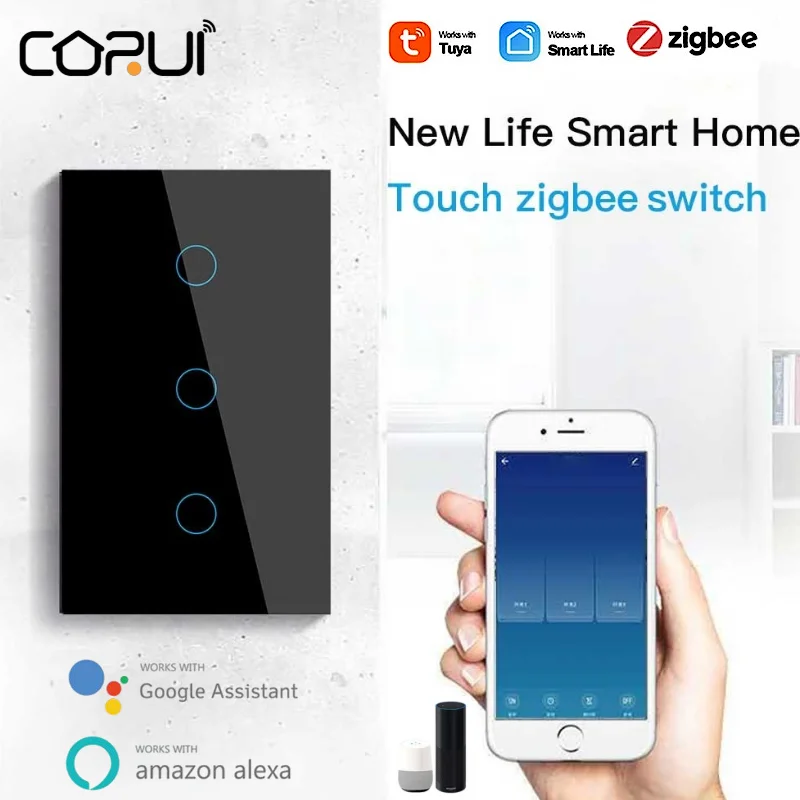 

CORUI Tuya ZigBee Smart Touch Switch 1/2/3 Gang US Standard Wall Button Panel Works With Smart Life APP Alexa Google Home Alice