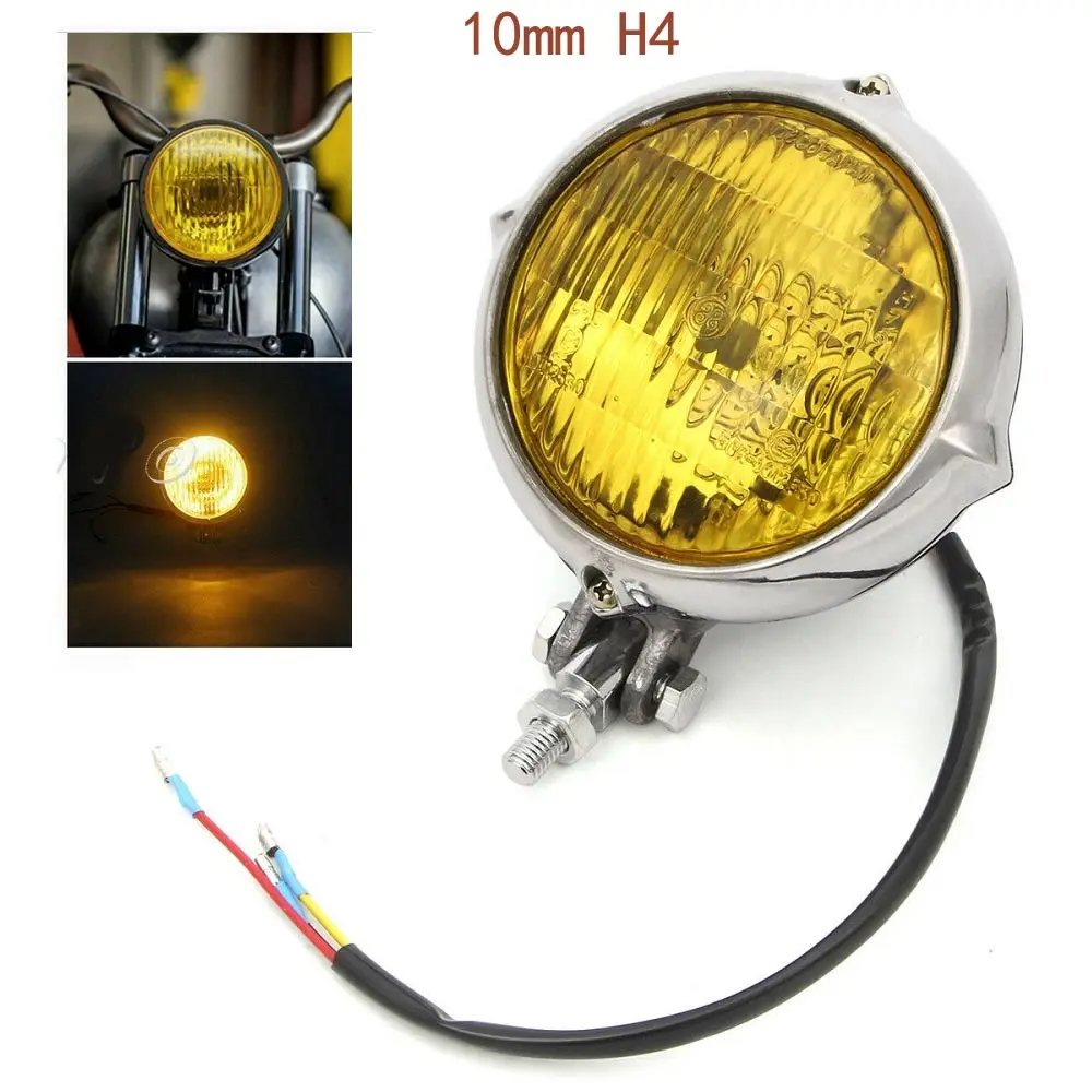 

Motorcycle 10mm Front Lamp Vintage Bates Style Headlight H4 Lamp Amber Light For Harley Sportster Softail Dyna Honda Chopper