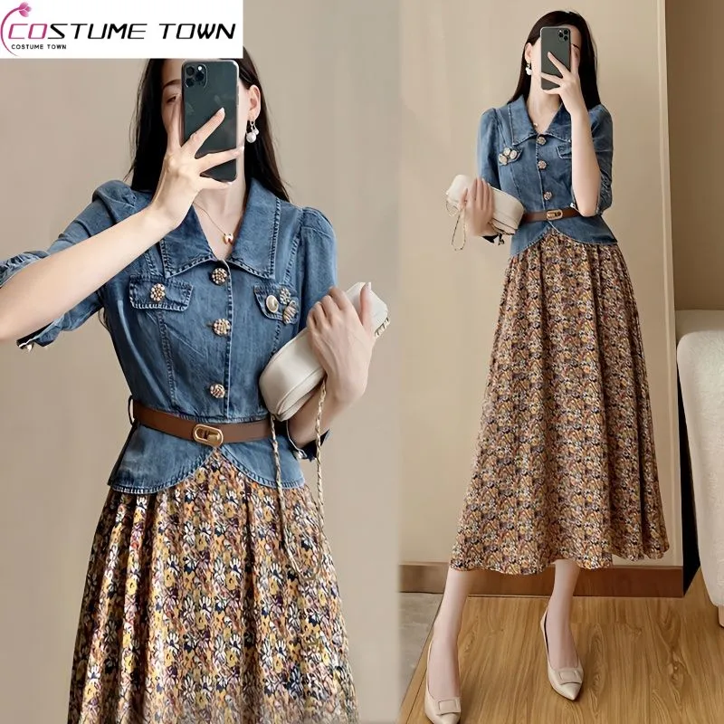 

2023 New Spring and Summer Denim Patchwork Floral Retro Middle Sleeve Waist Fitting Temperament High-grade Dress Women