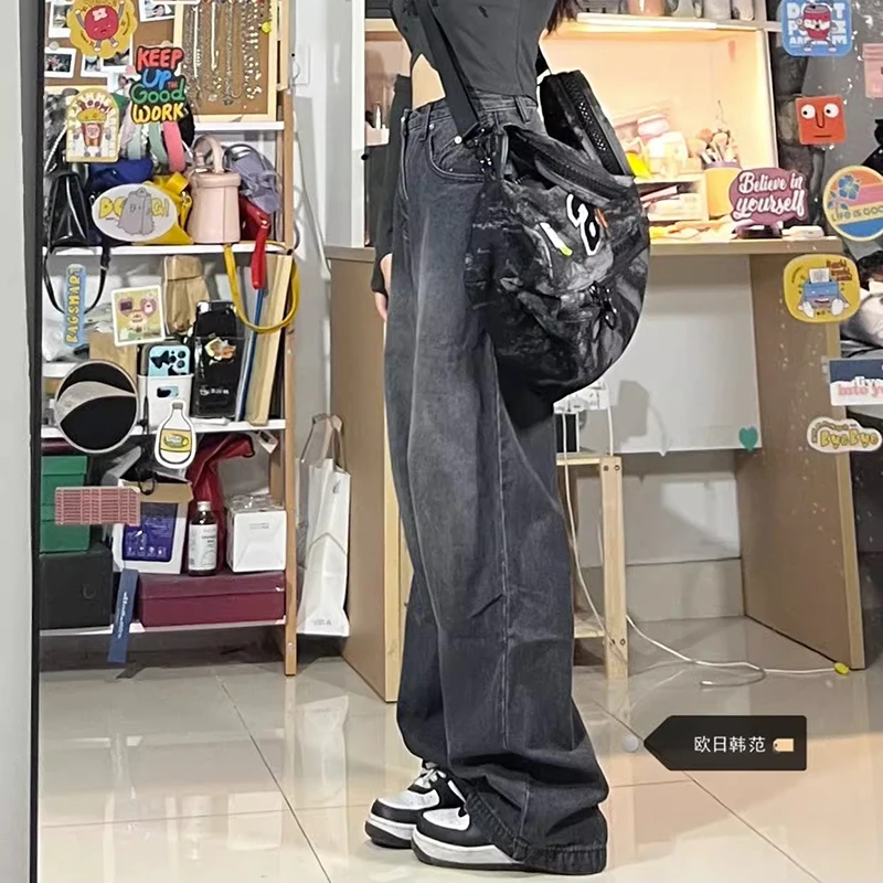 WCFCX STUDIO Женские винтажные уличные Черные Мешковатые корейские джинсы с высокой