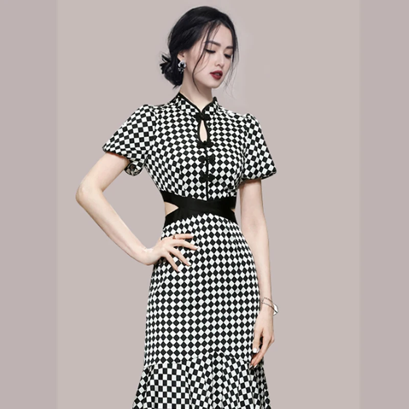 Платье-Ципао в улучшенном стиле длинное ажурное клетчатое ретро платье