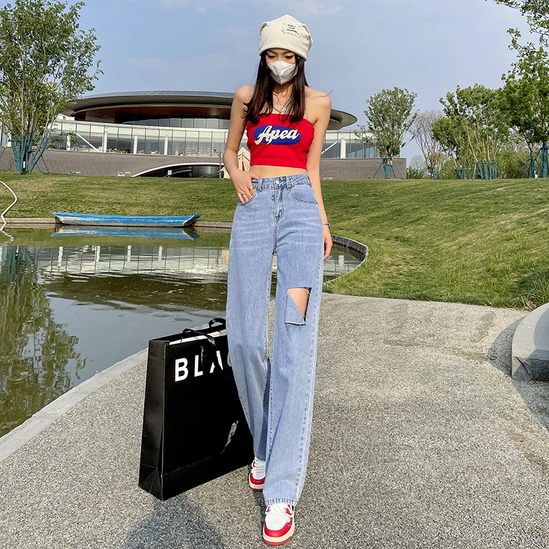 Jeans, women's blue, spring and summer commuting pants, perforated, thin, high waisted, straight, loose fitting, versatile and f