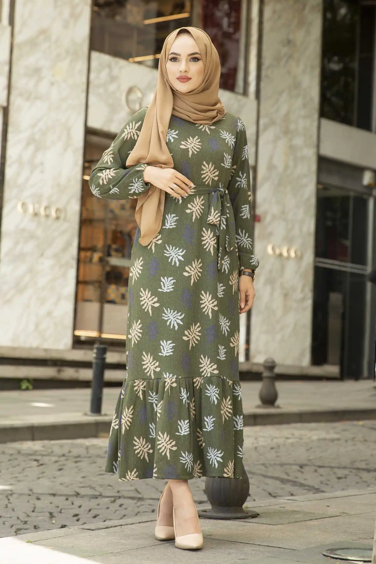 Leaf Pattern Camisole Dress NY Khaki Winter Autumn 2021 Muslim Women Hijab headscarf Islamic Turkey