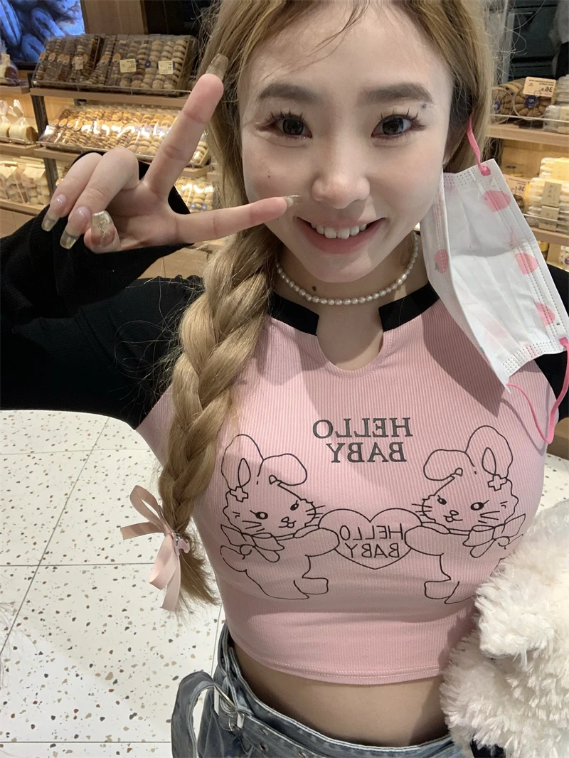 

Harajuku Woman Tshirts 2023 Shirts for Women V-neck Long Sleeve Casual T Shirts Crop Tops Cartoon Print Korean Y2k T Shirt