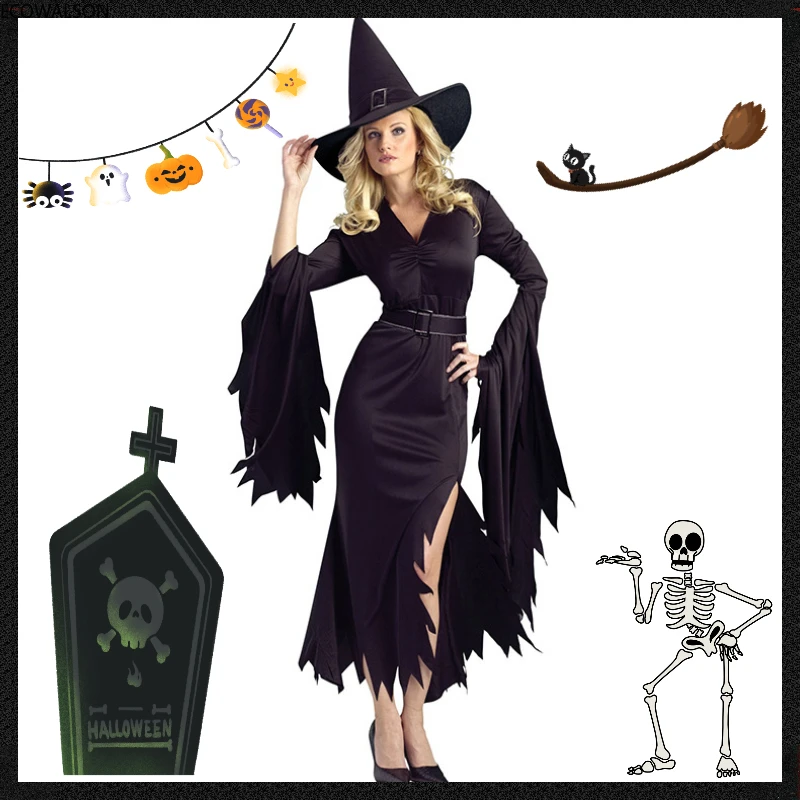 

2021 New Woman's Witch Terror Costumes Black V-Neck Long Sleeve Irregular Split Dress Halloween Carnival Female Costume