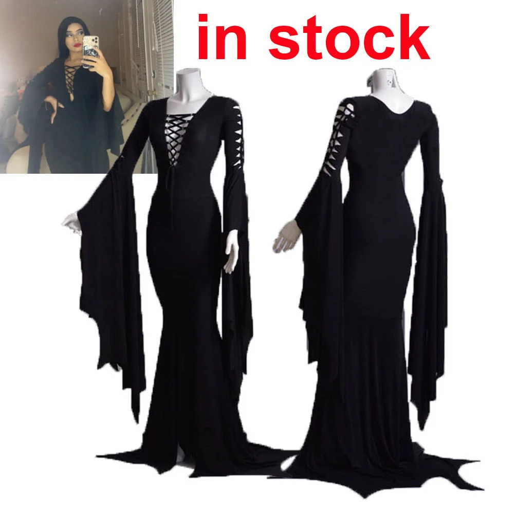 

Morticia Addams cosplay costume plus size Morticia family Gothic Maxi Dress Pagan Pixie Vampire Black Lace Up Gown