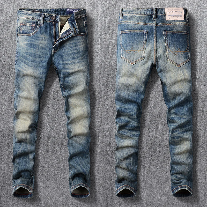 Italian Style Fashion Men Jeans High Quality Retro Blue Elastic Slim Fit Vintage Jeans Men Trousers Casual Designer Pants Hombre