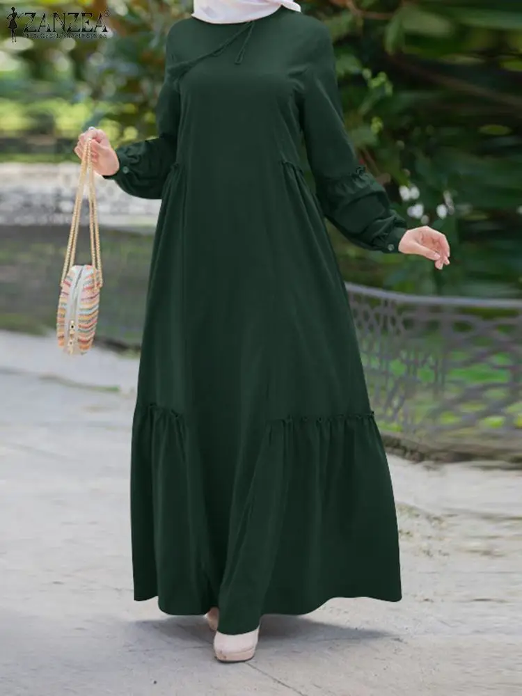 

Платье ZANZEA женское с круглым вырезом, модная повседневная элегантная одежда в арабском стиле, длиной до щиколотки, однотонное мусульманско...