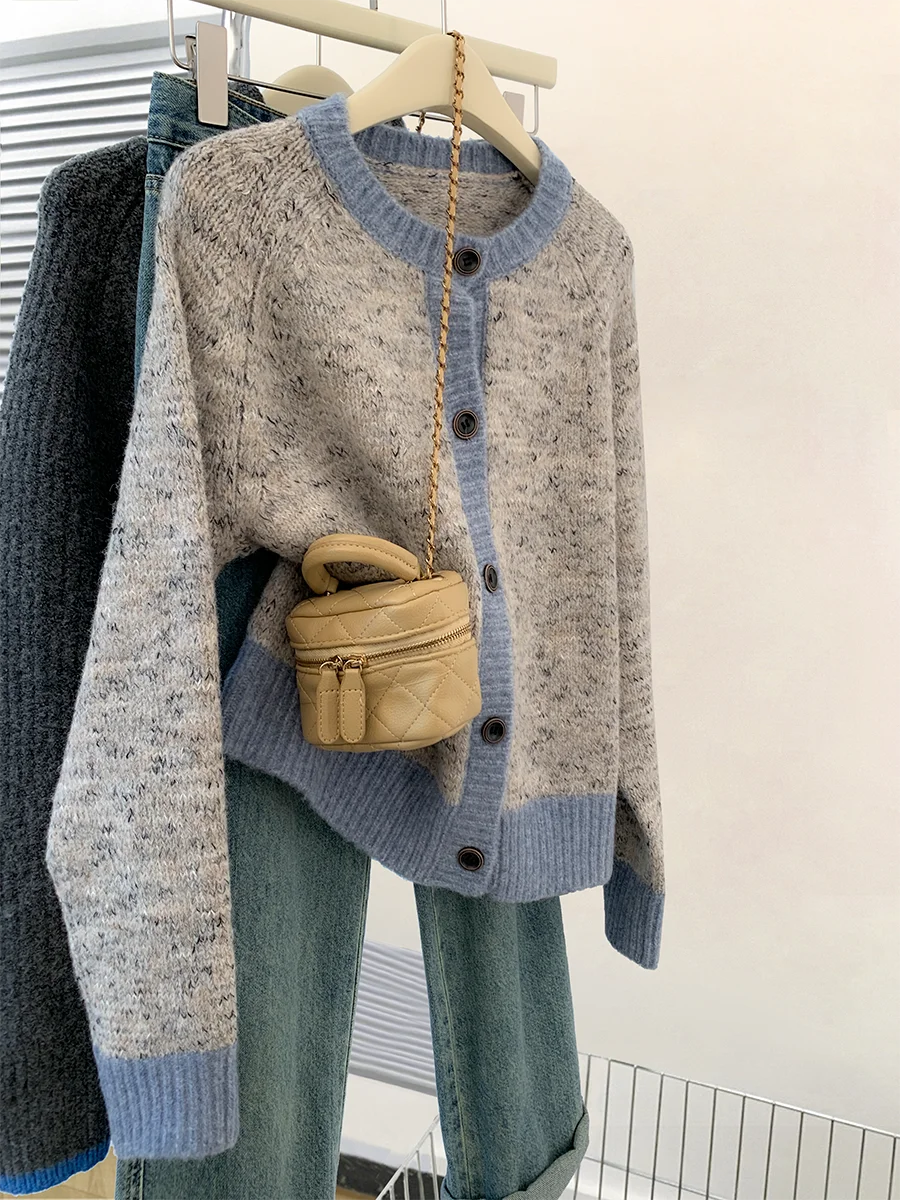 Gray Raccoon Velvet Contrast Color Sweater Cardigan Outerwear Women Autumn and Winter 2024 New Small Short Knit