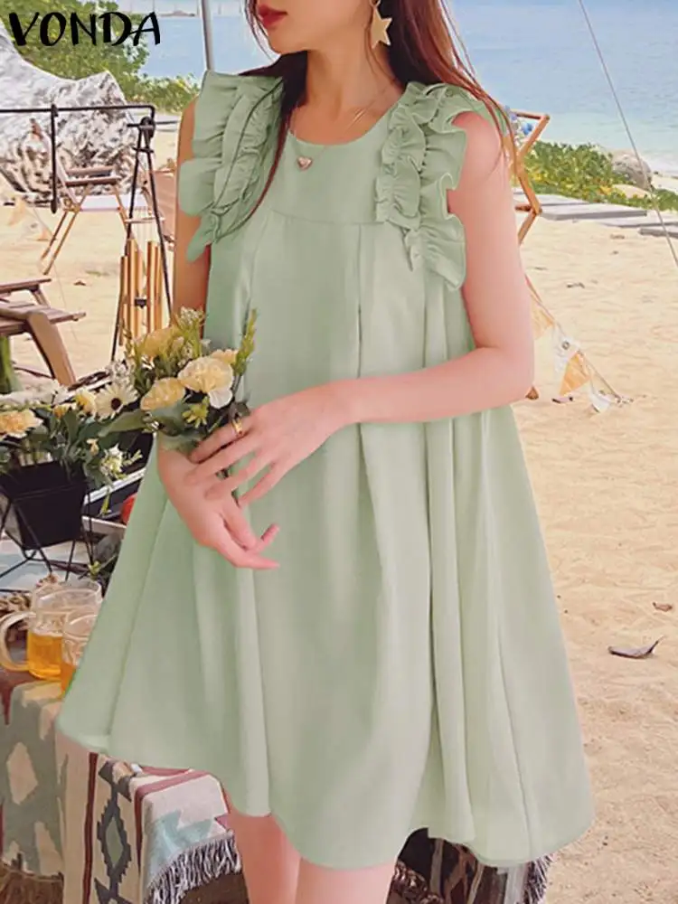 VONDA Summer Fashion Mini Dress 2023 Women Elegant Sexy Sleeveless Sundress Casual Solid Color Ruffled Loose Beach Vestidos Robe