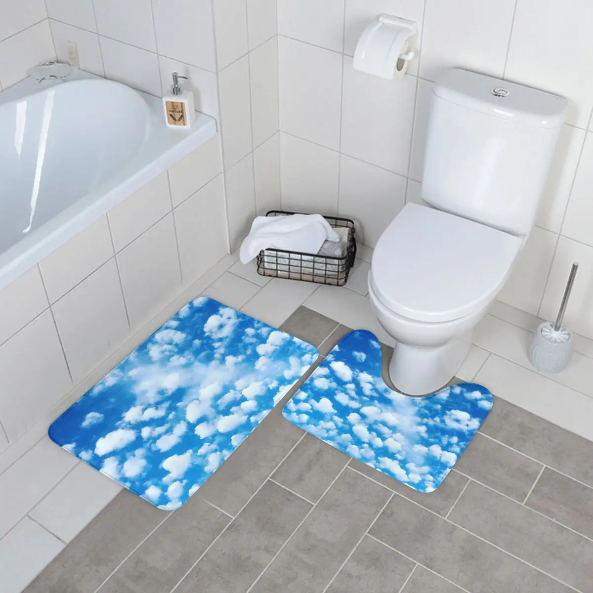 

Cloud Machine Bath Mat Blue Sky Print Modern Polyester 2 Piece Bathroom Mat Set Toilet Absorbent Bathroom Rug